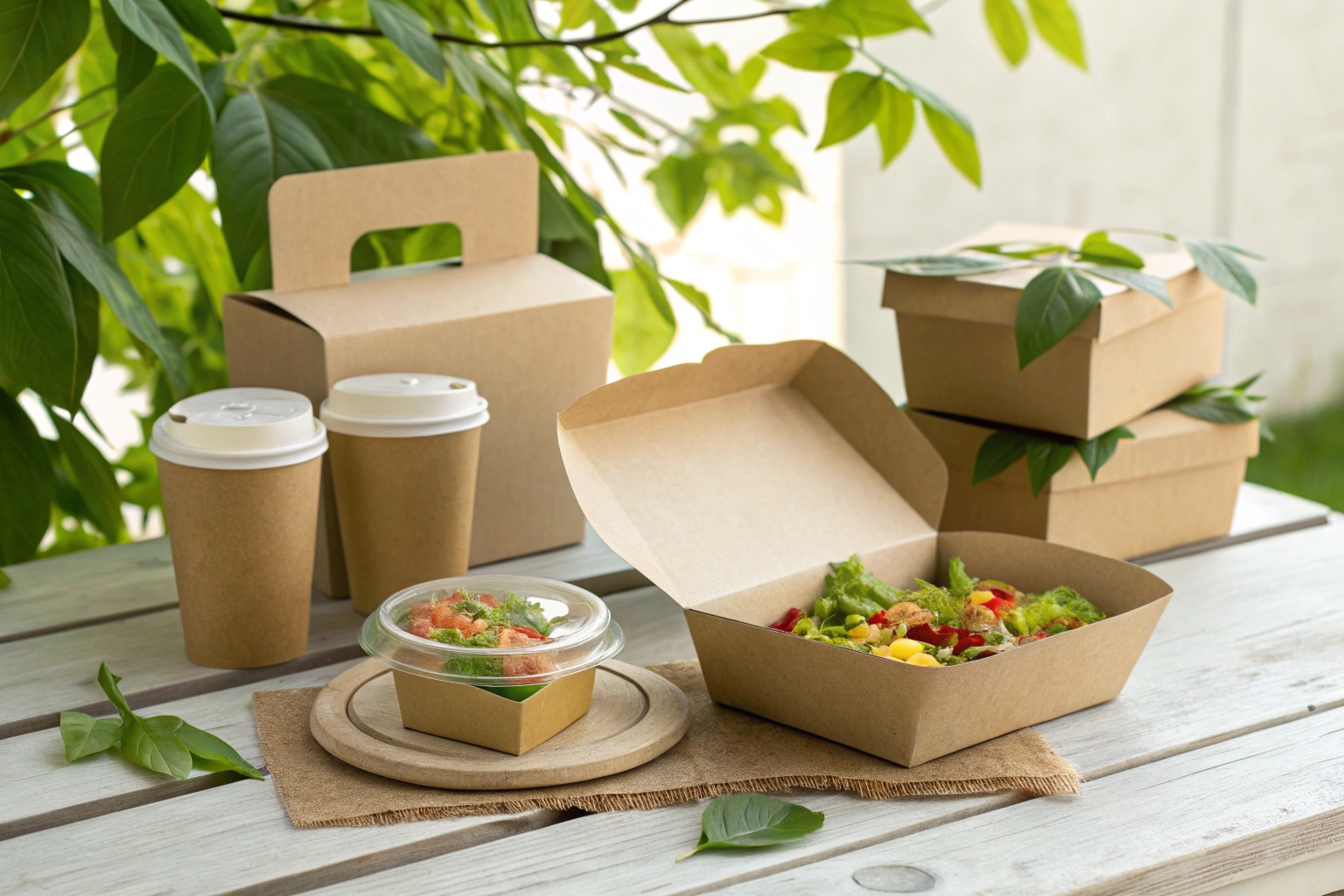 Eco-friendly kraft paper food containers and cups with fresh salad on outdoor table.