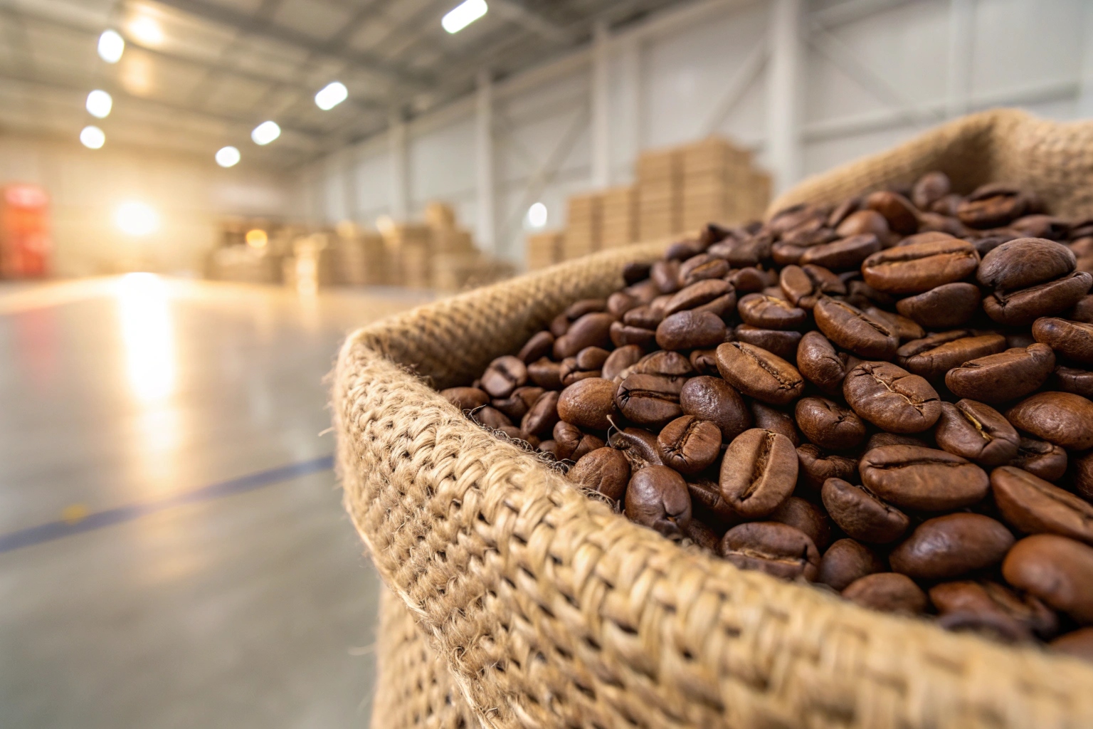 Close-up of roasted coffee beans in burlap sack inside a spacious warehouse with sunlight.
