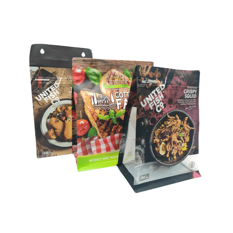 Colorful stand-up food pouches for frozen fish and seafood with custom printed branding.