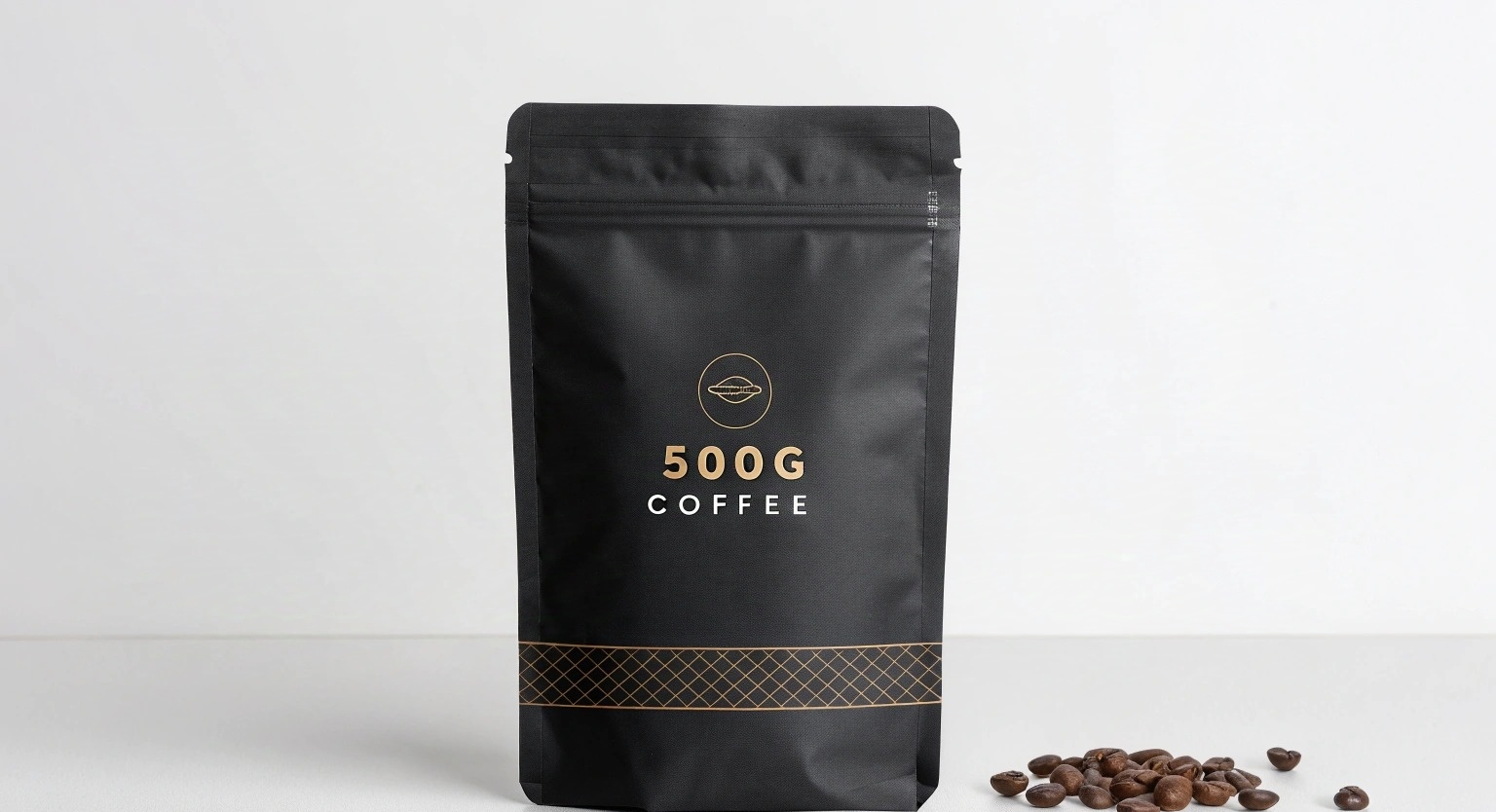 Matte black coffee pouch with 500g label and golden design, next to coffee beans.