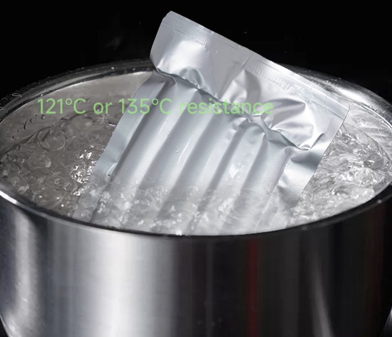 Retort pouch in boiling water, showing high temperature resistance up to 121°C or 135°C, ideal for food packaging and sterilization.