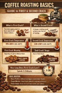 Illustrated guide explaining coffee roasting basics, focusing on first and second crack stages, their temperatures, meanings, and durations.