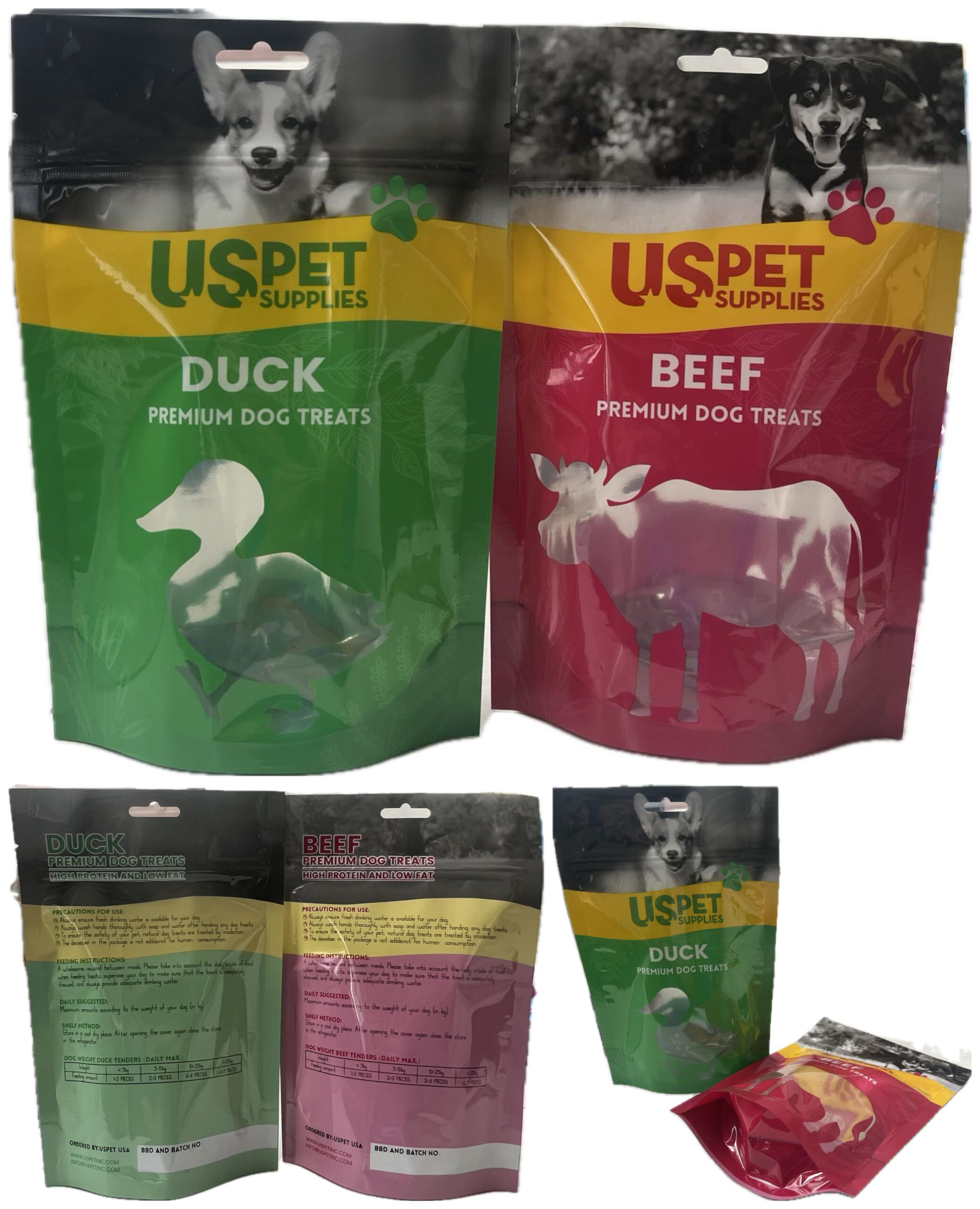 Colorful stand-up pouches for USPet Supplies dog treats, labeled Duck and Beef, with pet images and resealable zipper.