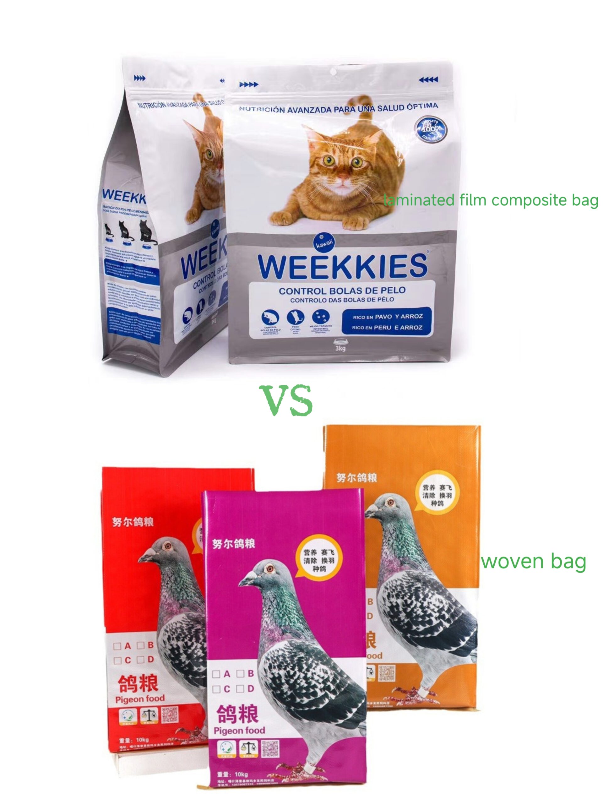 Comparison of laminated film composite cat food bags vs woven pigeon food bags, showing packaging types.