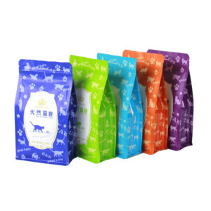 Colorful cat food packaging bags in blue, green, cyan, orange, and purple with pet-themed graphics.