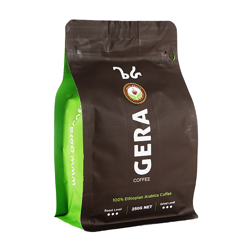 GERA branded coffee pouch with green sides, labeled 100% Ethiopian Arabica, 250g net weight.