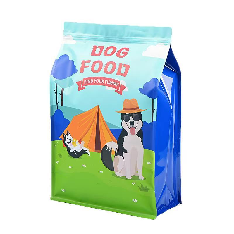 Colorful dog food packaging with camping scene, cartoon dogs, and