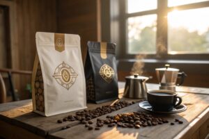 Coffee packaging pouches on wooden table with beans, cup, and warm sunlight.