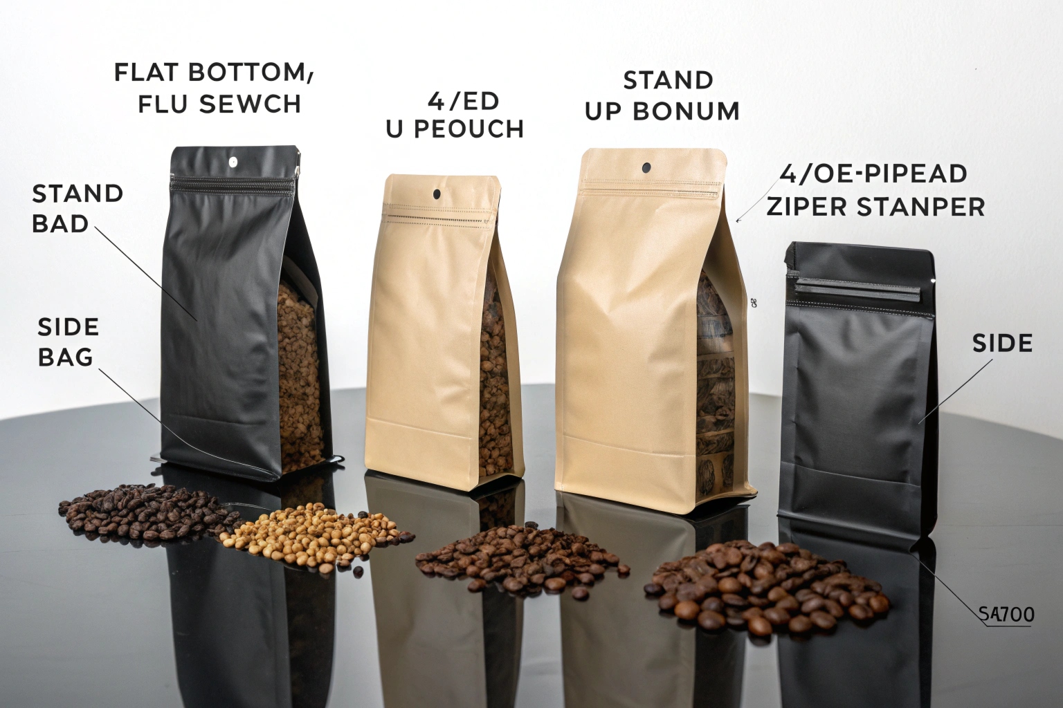 Various coffee packaging pouch types displayed with beans on black surface.