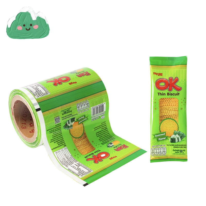 Green laminated film roll and finished packaging for OK Thin Biscuit with seaweed flavor.