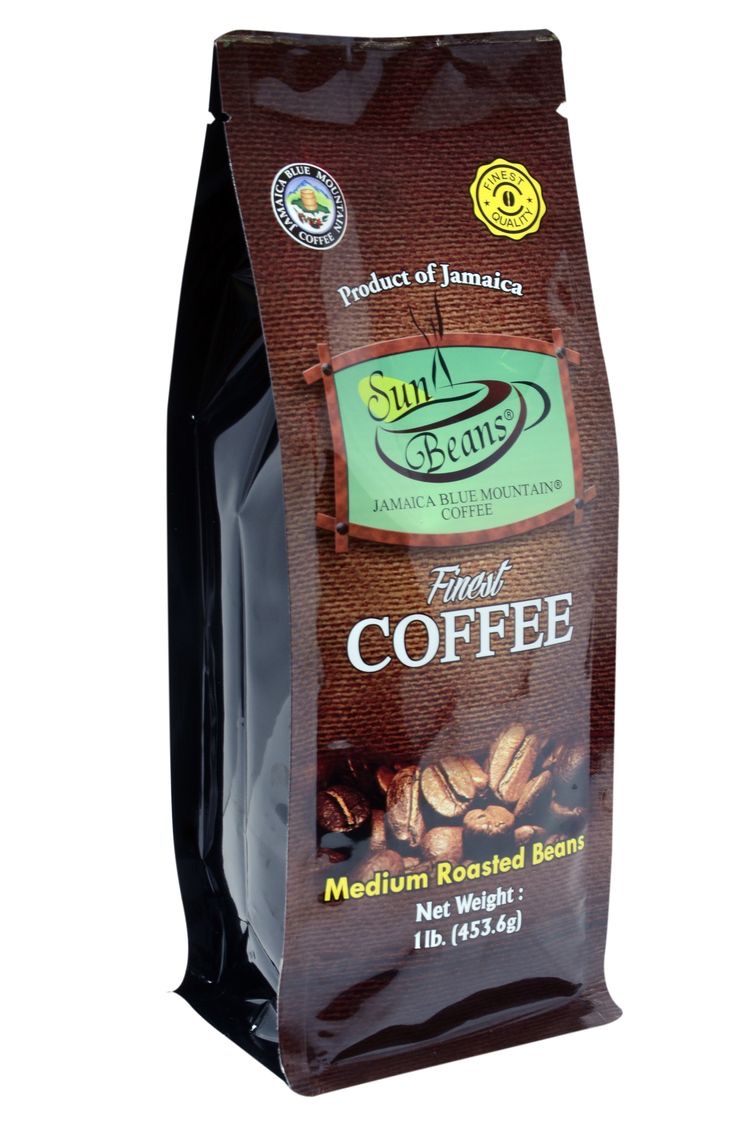 Sun Beans Jamaica Blue Mountain coffee bag with glossy finish, labeled medium roasted beans, 1lb size.