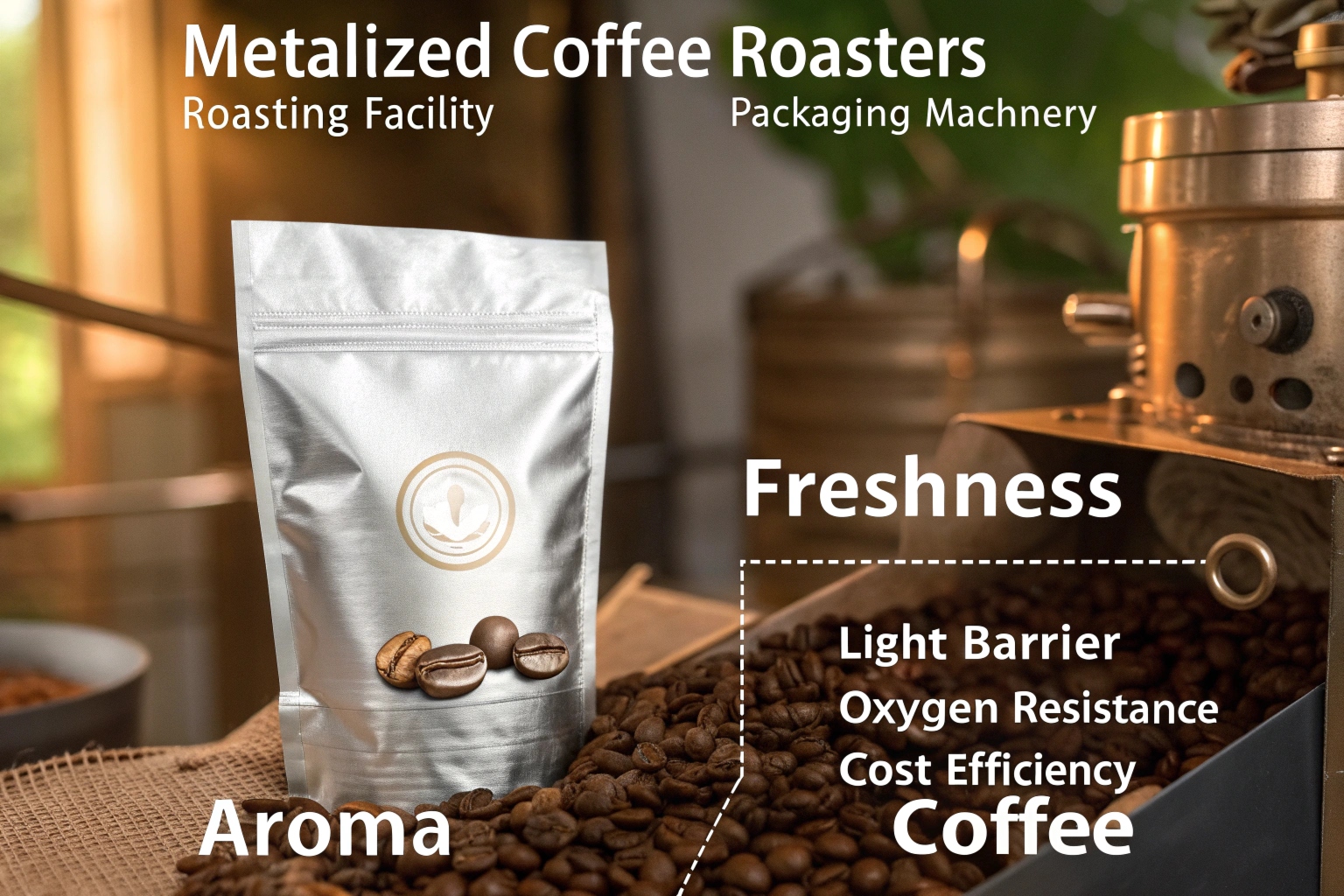 Metallized coffee pouch displayed beside roasted beans and roasting machine, highlighting freshness and aroma.