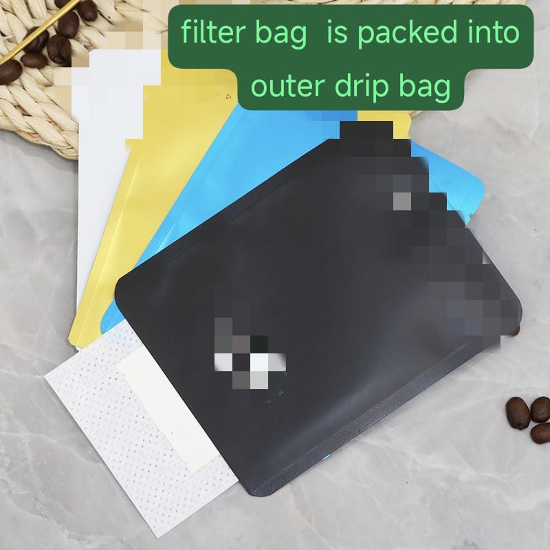 Colorful outer drip coffee bags with inner filter bag partially visible.
