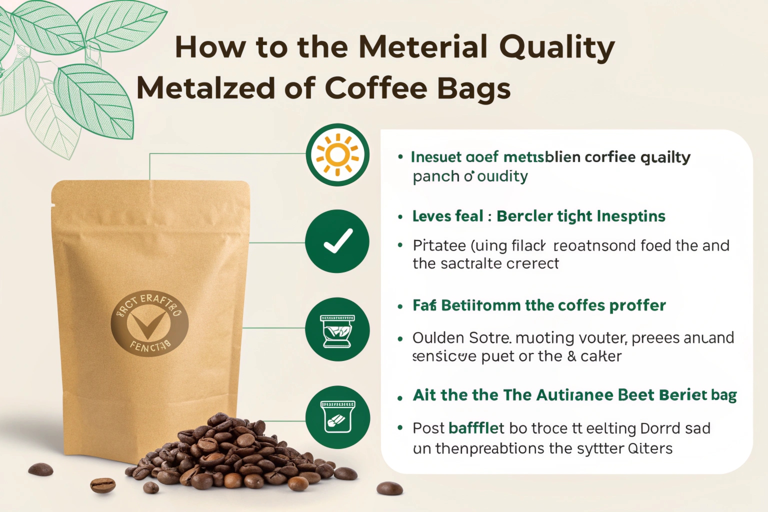 Kraft coffee bag beside beans with infographic on metallized coffee bag material quality.
