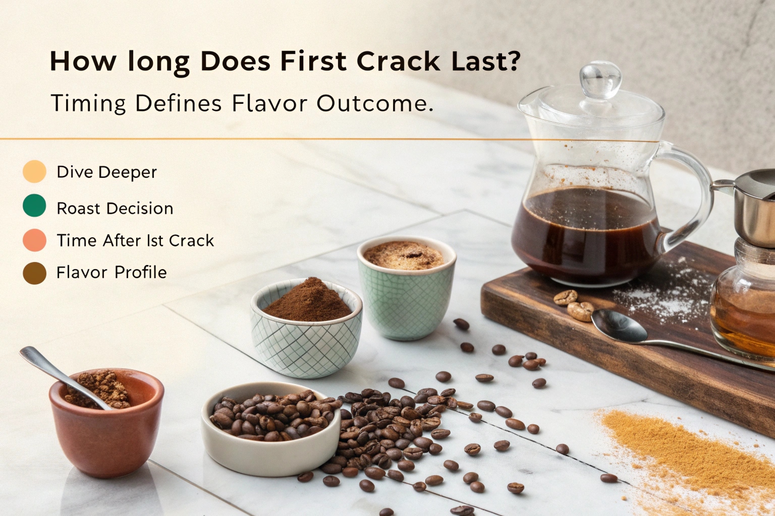 Coffee setup with brewed coffee, beans, sugar, and spices illustrating how first crack timing affects flavor profile.