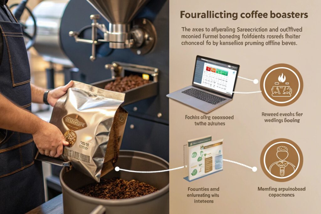 Worker pouring roasted coffee beans from printed pouch into container near coffee roasting machine.
