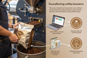 Worker pouring roasted coffee beans from printed pouch into container near coffee roasting machine.