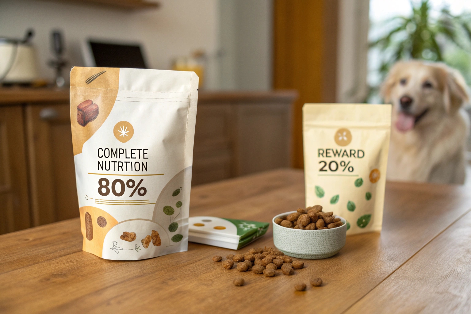 Two dog food pouches labeled 80% nutrition and 20% reward, with kibble bowl and dog in background.