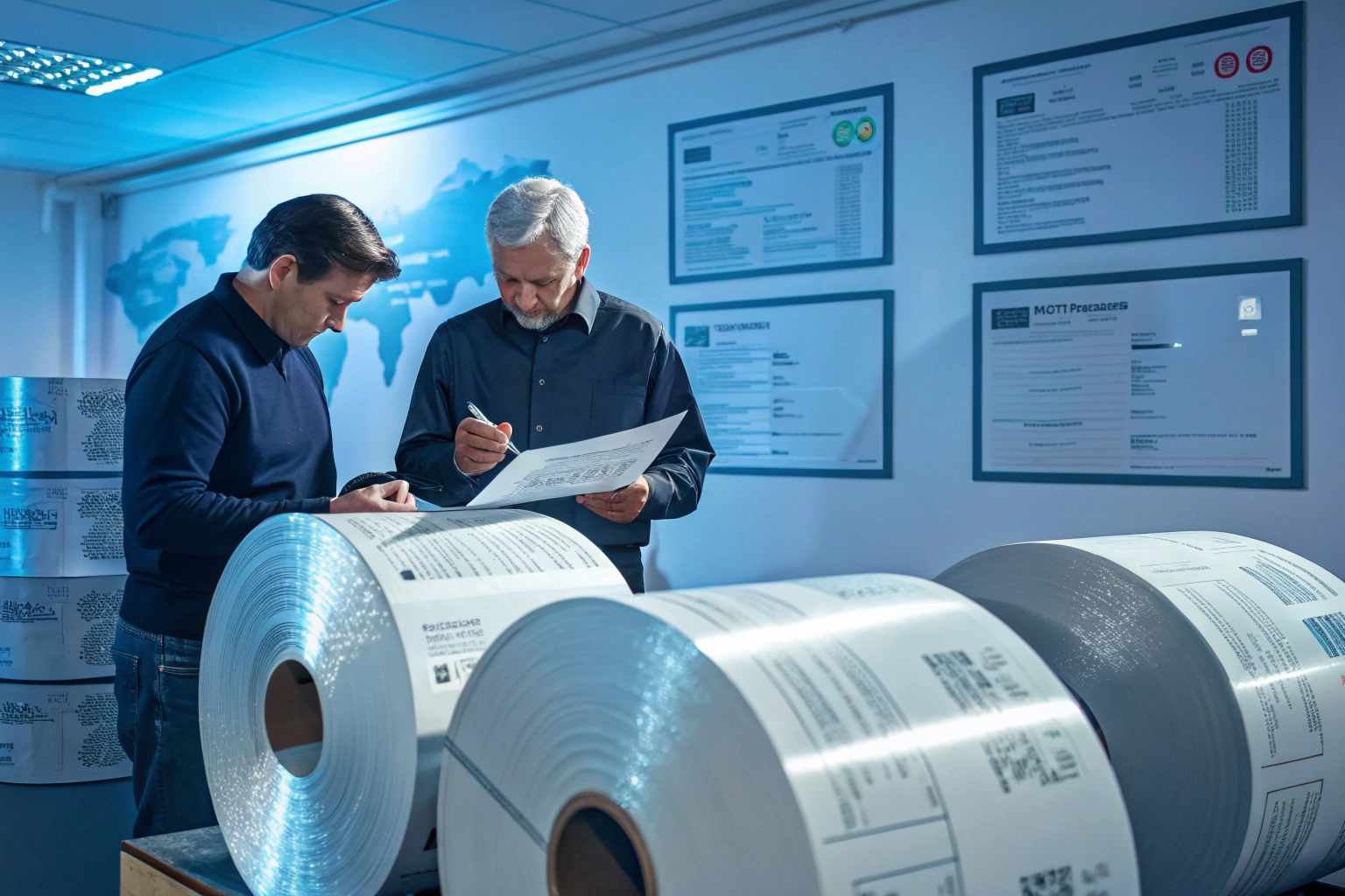Two men reviewing documents beside printed laminated film rolls in packaging facility.