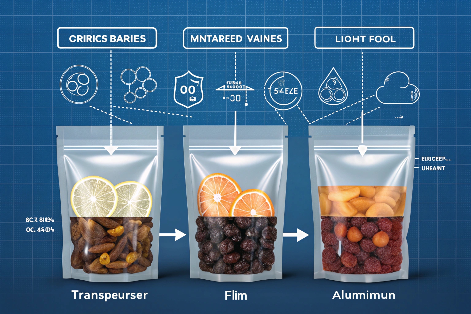 Three stand-up pouches labeled Transpeurser, Flim, and Alumimun, with icons illustrating different barrier properties on a technical blueprint background.