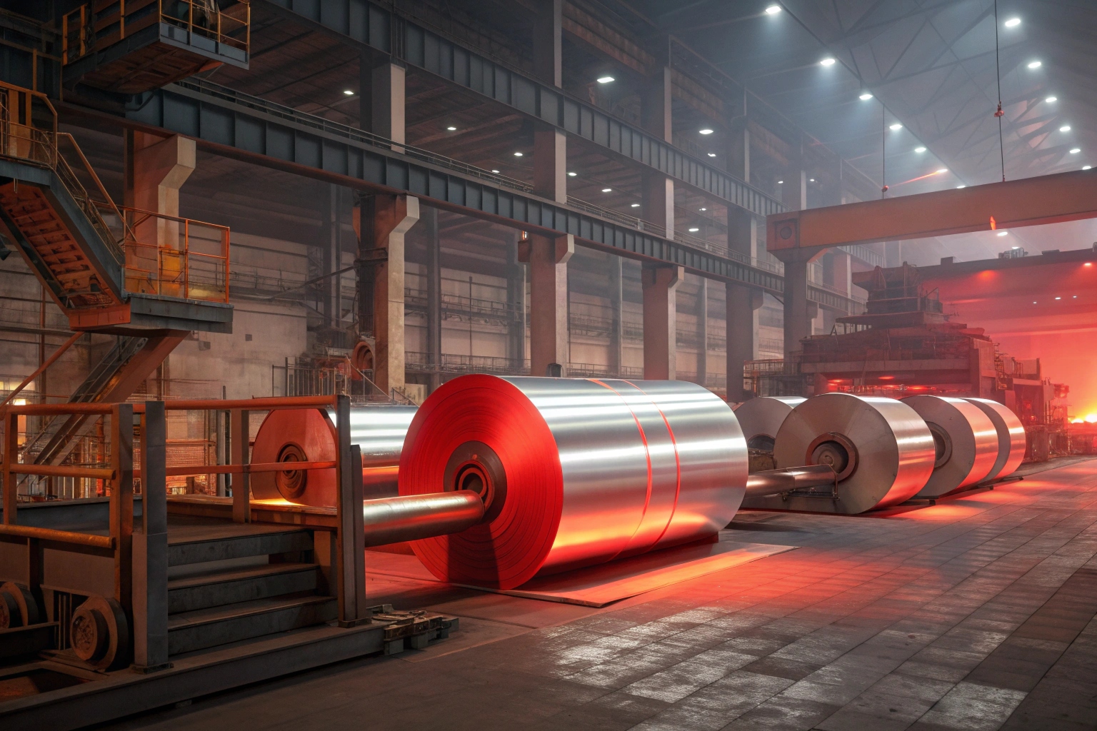 Large aluminum foil rolls in industrial factory under red lighting, ready for processing.