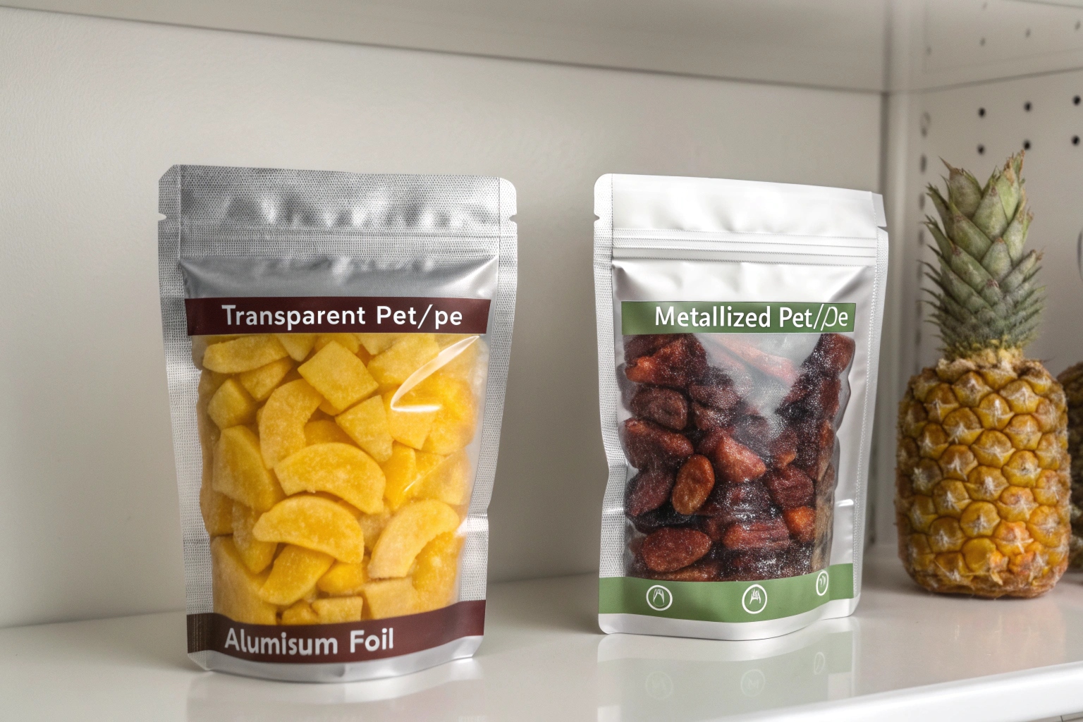 Two stand-up pouches labeled Transparent Pet/PE and Metallized Pet/PE, showcasing different dried fruits with pineapples beside them.