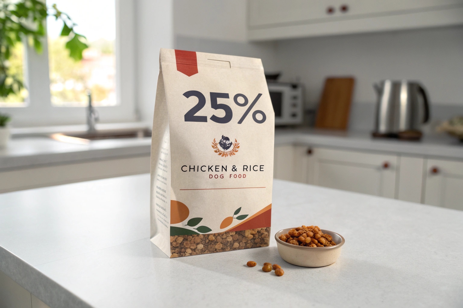 Chicken and rice dog food pouch with 25% label, displayed on kitchen counter with bowl of kibble.