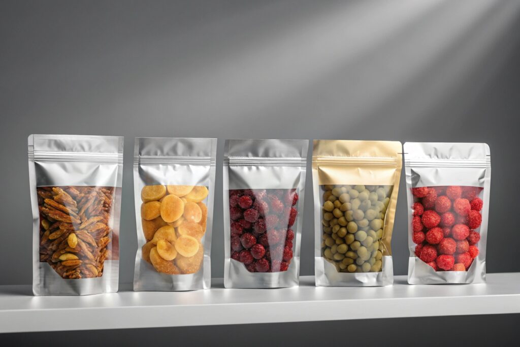 Five silver and gold stand-up pouches with clear windows showcasing assorted dried fruits and nuts under spotlight.