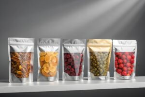 Five silver and gold stand-up pouches with clear windows showcasing assorted dried fruits and nuts under spotlight.