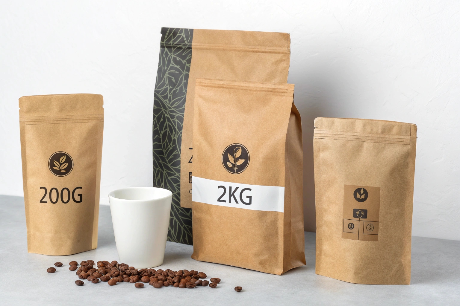 Variety of kraft paper coffee bags in different sizes with minimalist labels, displayed with coffee beans and white mug.