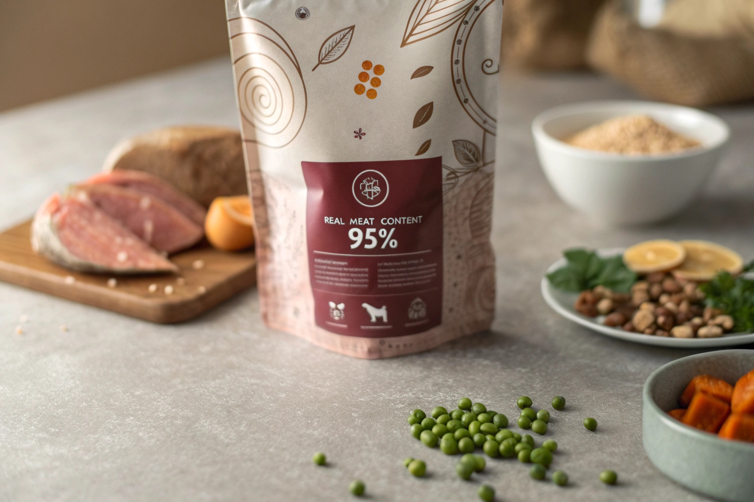 Dog food pouch with 95% real meat content, surrounded by fresh ingredients like peas, meat, and grains.