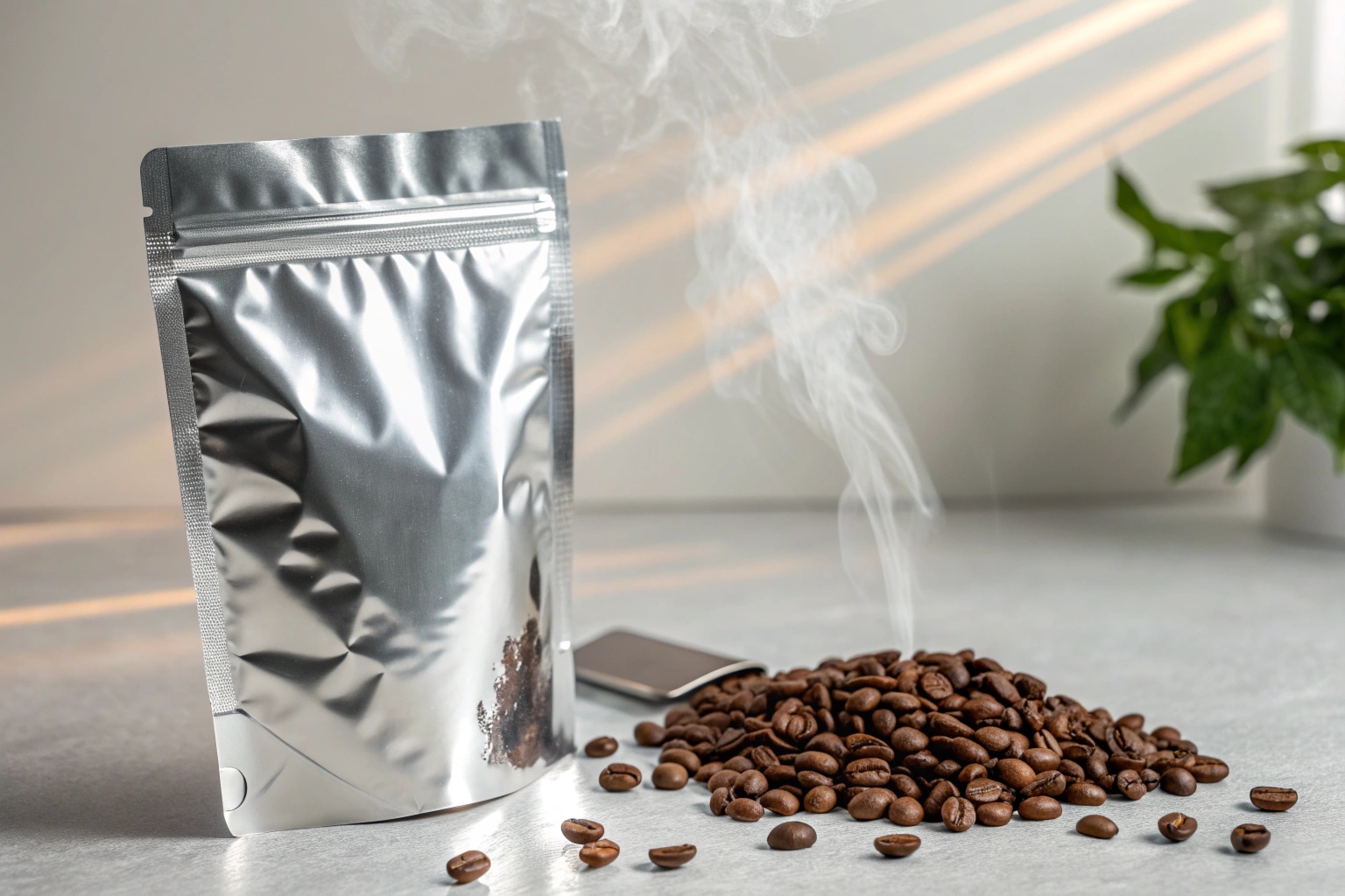 Silver foil coffee pouch beside pile of steaming roasted coffee beans on countertop.