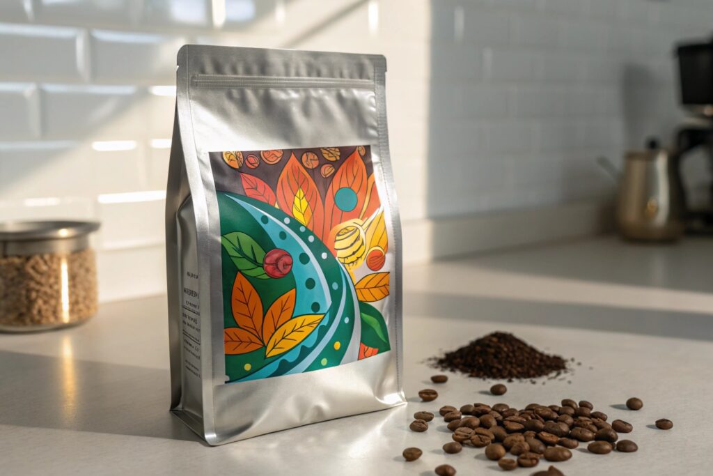 Silver coffee pouch with colorful printed label, coffee beans and grounds on kitchen counter.