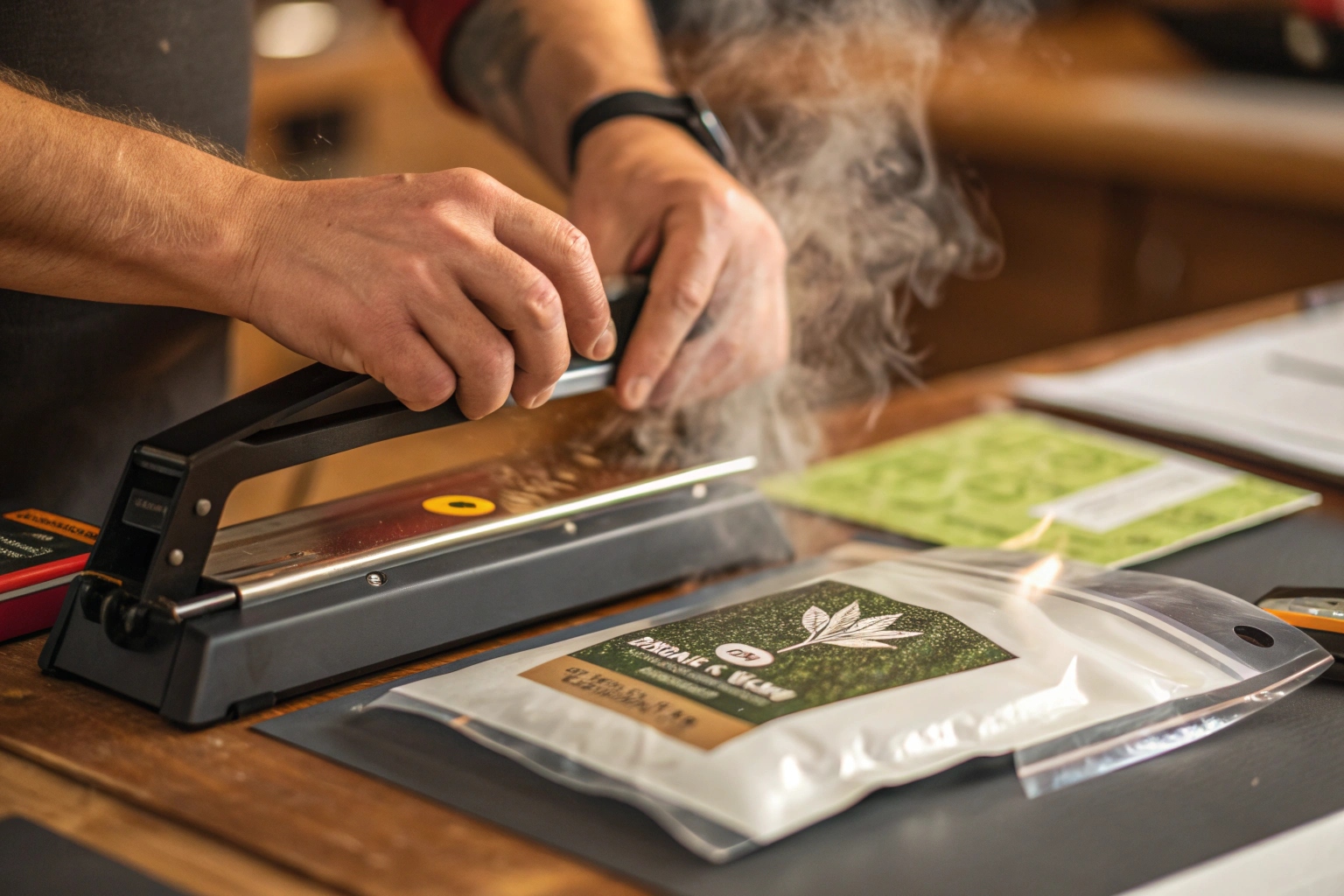 Person heat sealing a custom printed stand-up pouch with a manual sealing machine on a wooden table.