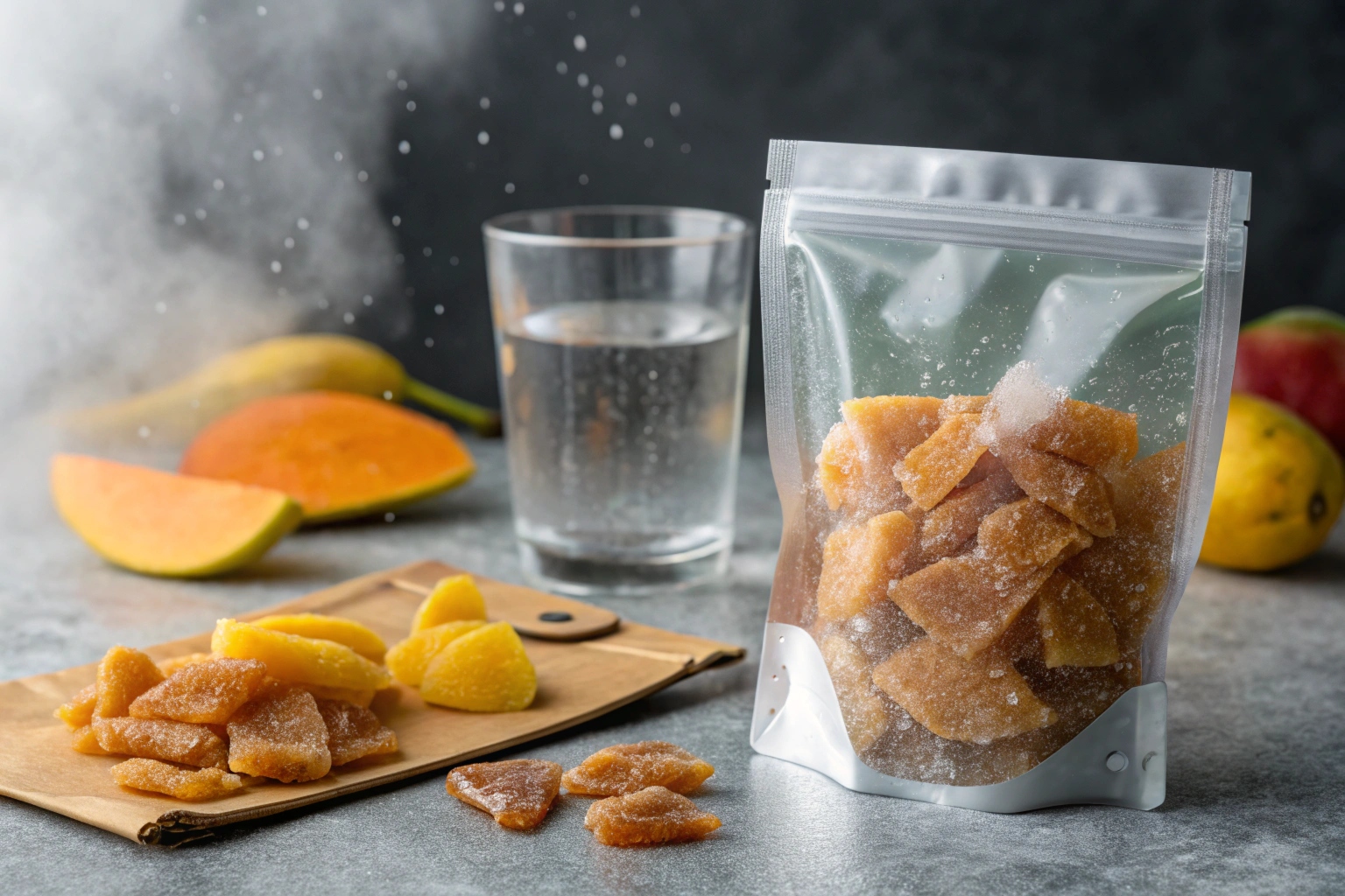 Clear stand-up pouch filled with frozen mango slices, surrounded by fresh mango and icy mist on a gray background.