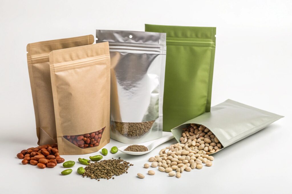 Various stand-up pouches in kraft, foil, and matte colors filled with nuts and seeds on white background.