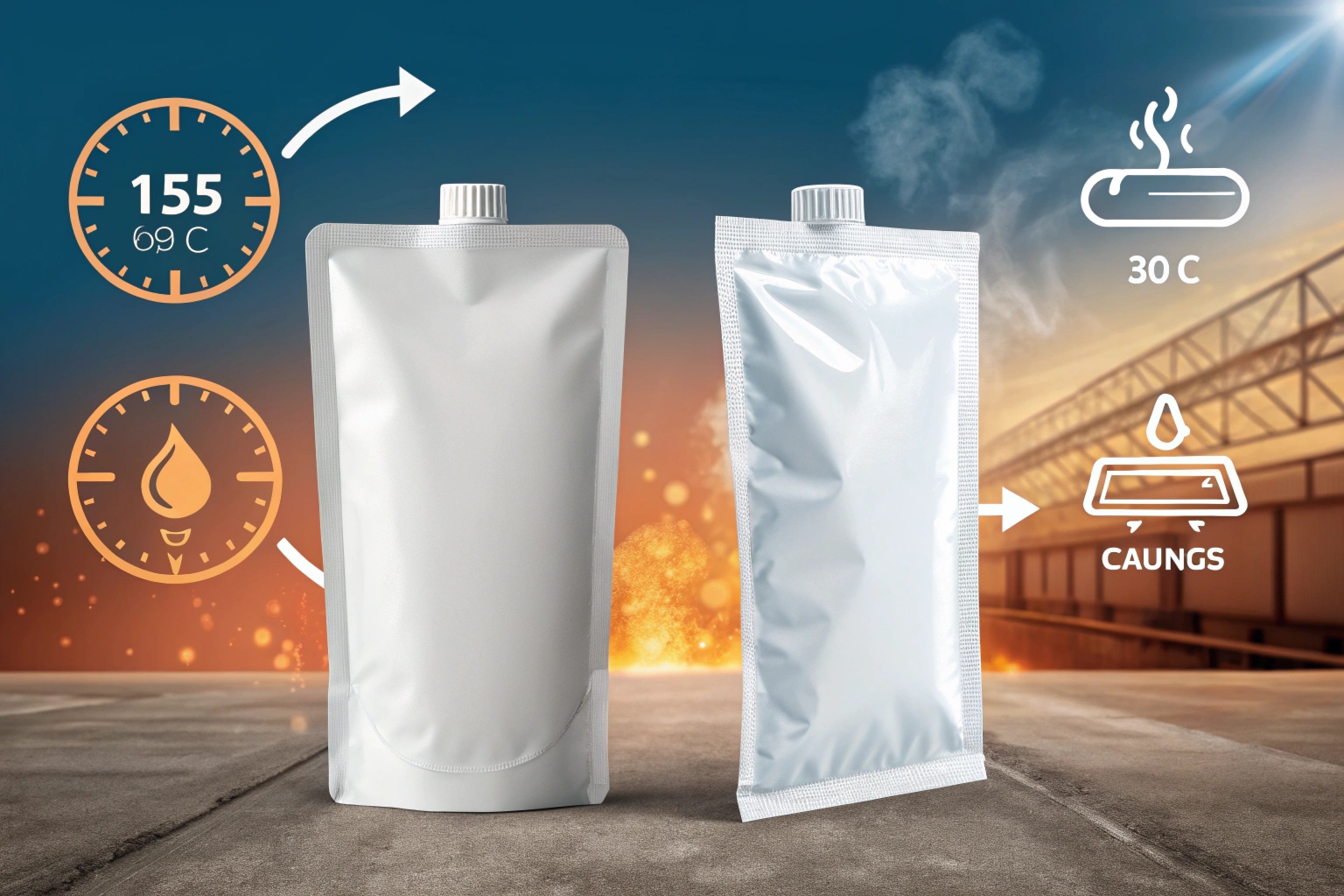 Spouted retort pouches with temperature icons, showing heat resistance up to 155°C for high-temperature liquid or sauce packaging.