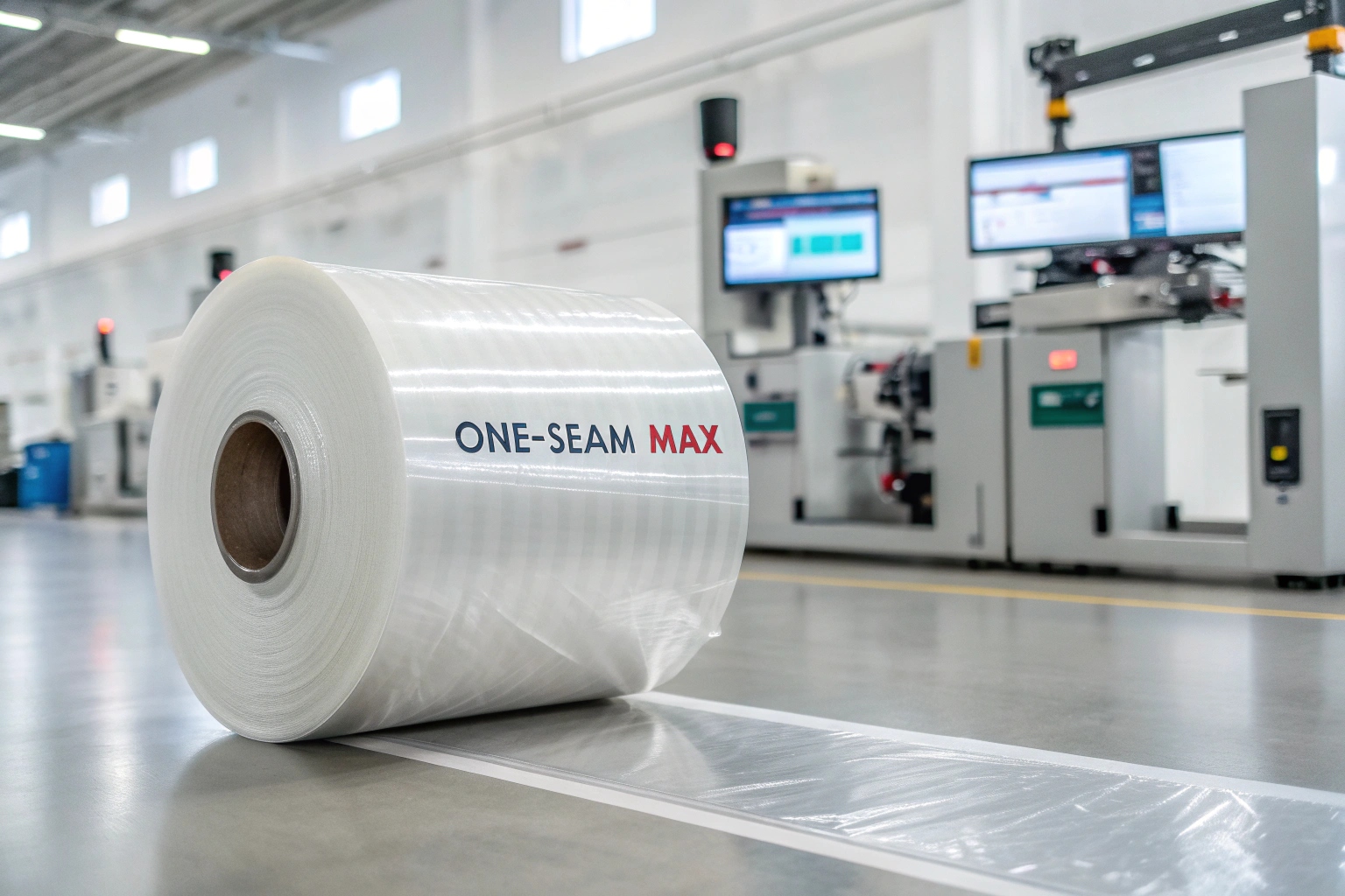 Large roll of One-Seam Max packaging film in modern factory with automated machinery in background.