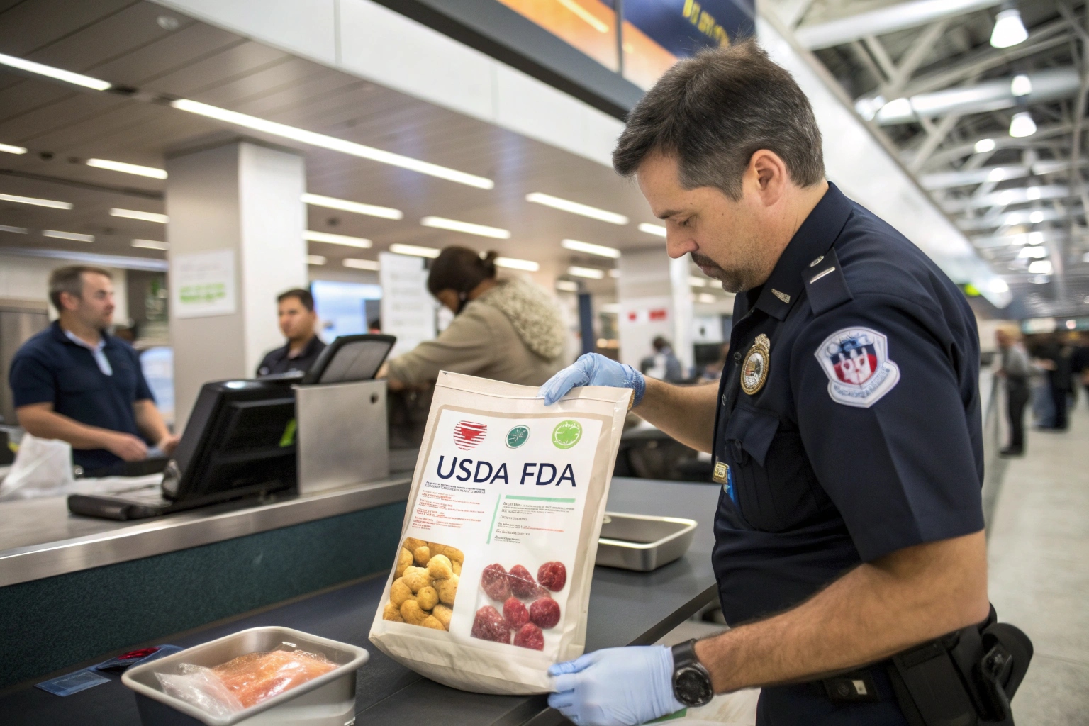 Customs officer inspects a certified food pouch labeled USDA and FDA, containing packaged dried fruits, at an airport security checkpoint.