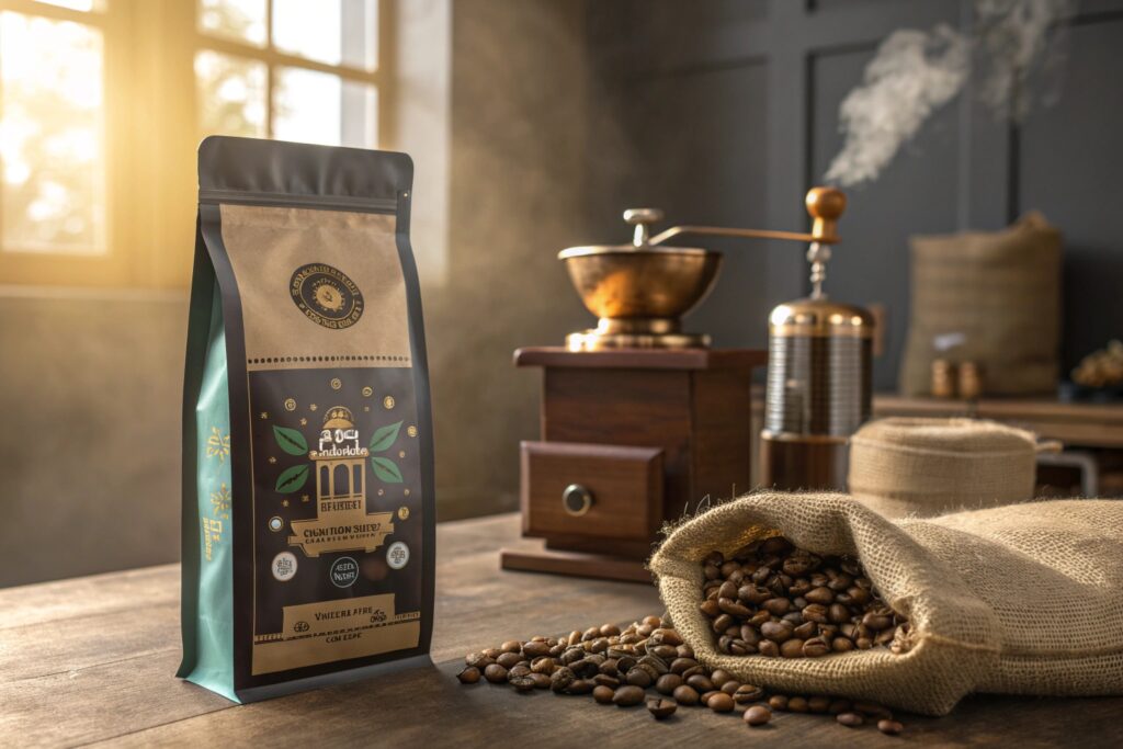 Premium coffee beans in burlap sack with stylish custom printed coffee pouch on rustic wooden table.