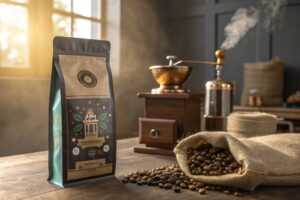 Premium coffee beans in burlap sack with stylish custom printed coffee pouch on rustic wooden table.