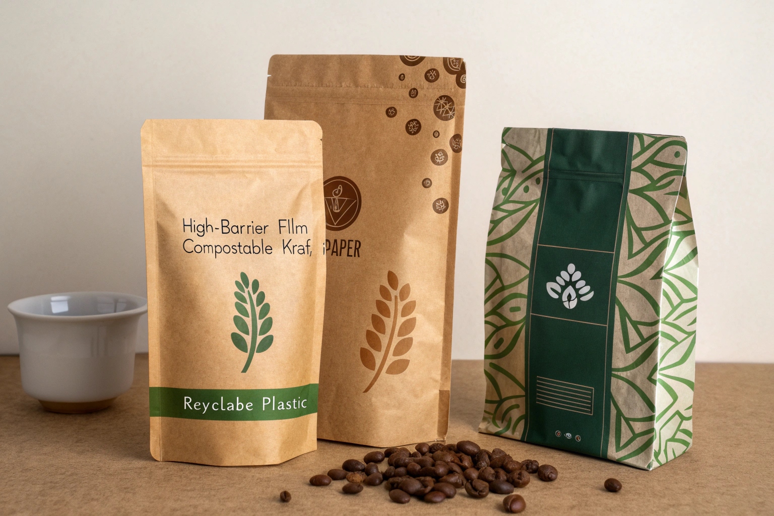 Eco-friendly coffee packaging bags made from kraft and compostable materials, displayed with coffee beans on a brown surface.