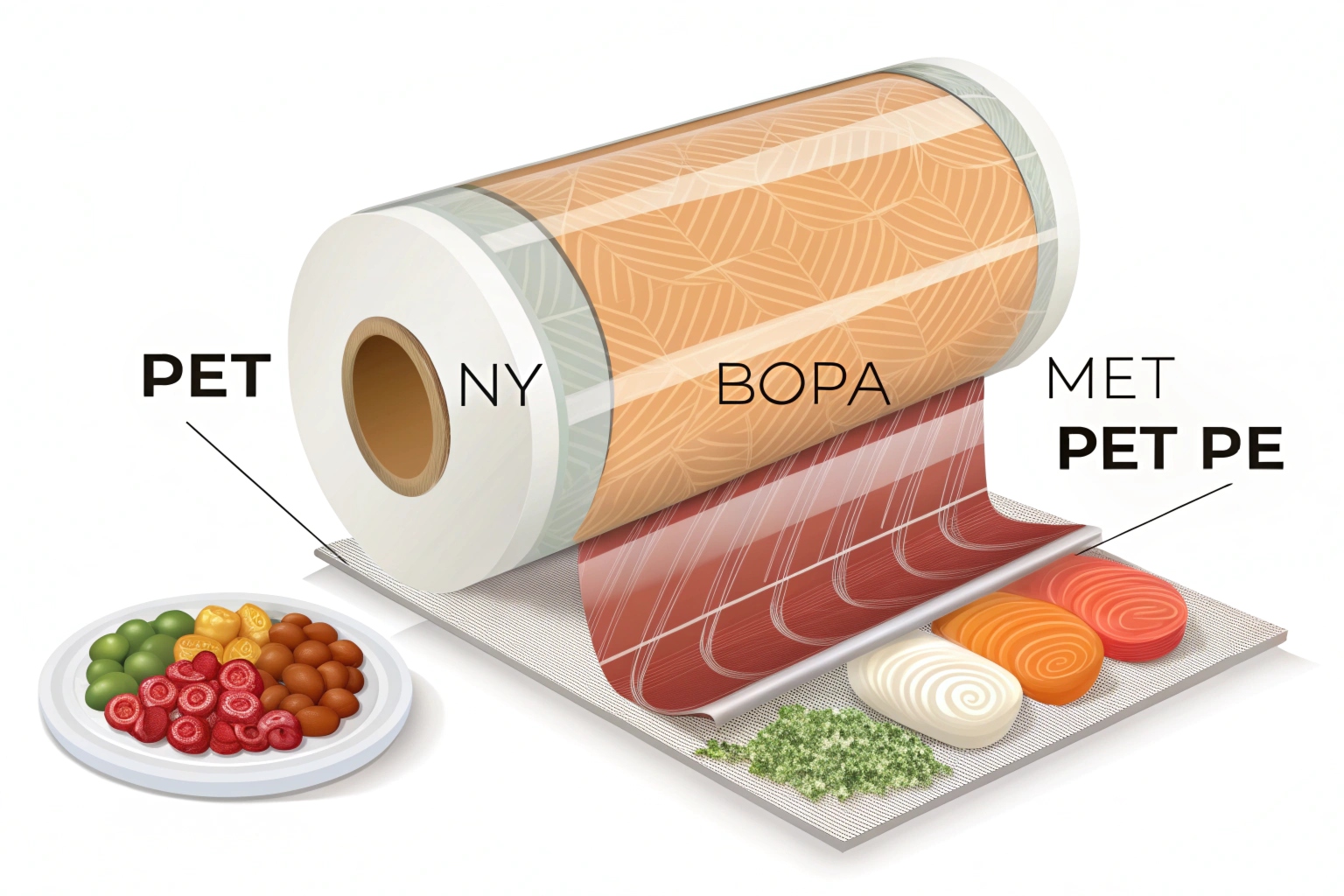 Laminated film roll showing PET, NY, BOPA, MET, PE layers for food packaging applications.