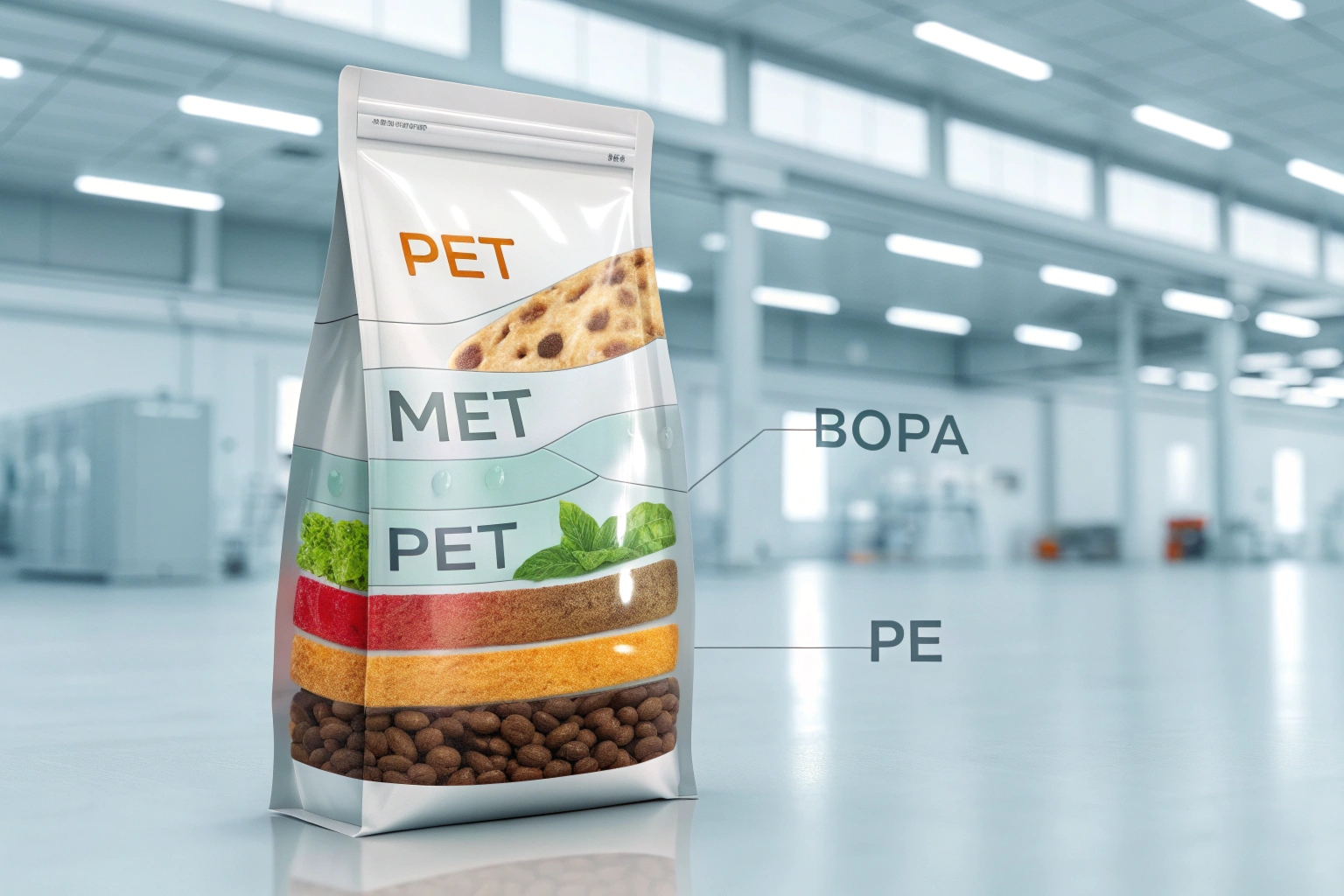 Multi-layer flexible packaging pouch with labeled materials PET, MET, BOPA, and PE in a factory setting.