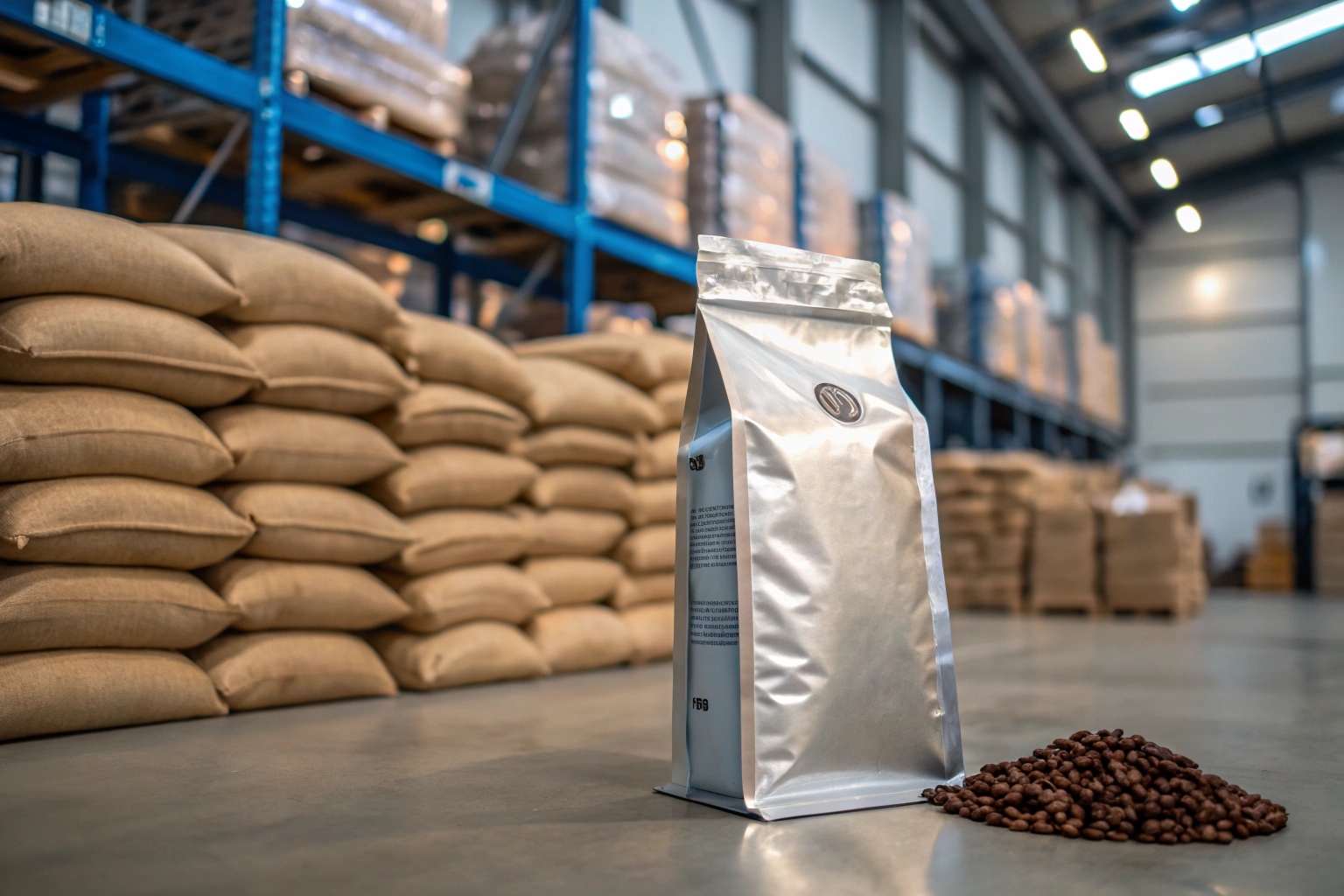 Silver coffee packaging pouch on warehouse floor with stacked sacks and beans.