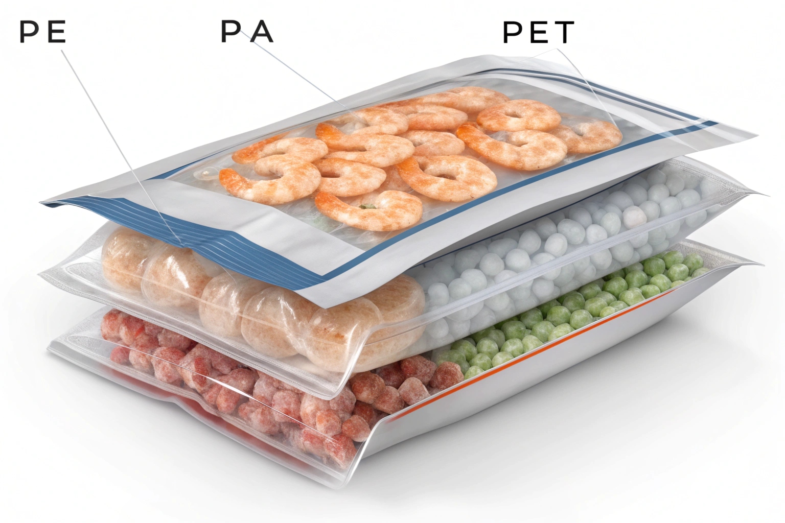 Multi-layer frozen food pouches labeled with PE, PA, and PET material structure.