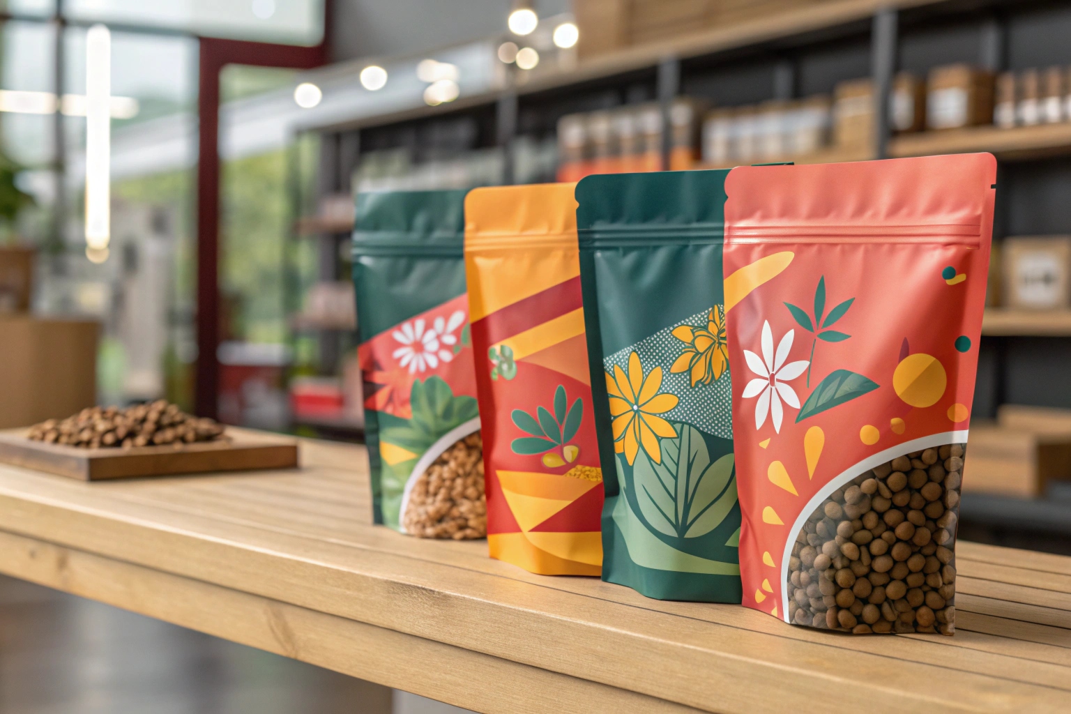 Four colorful floral stand-up pouches with window, displayed on wooden shelf in retail store.