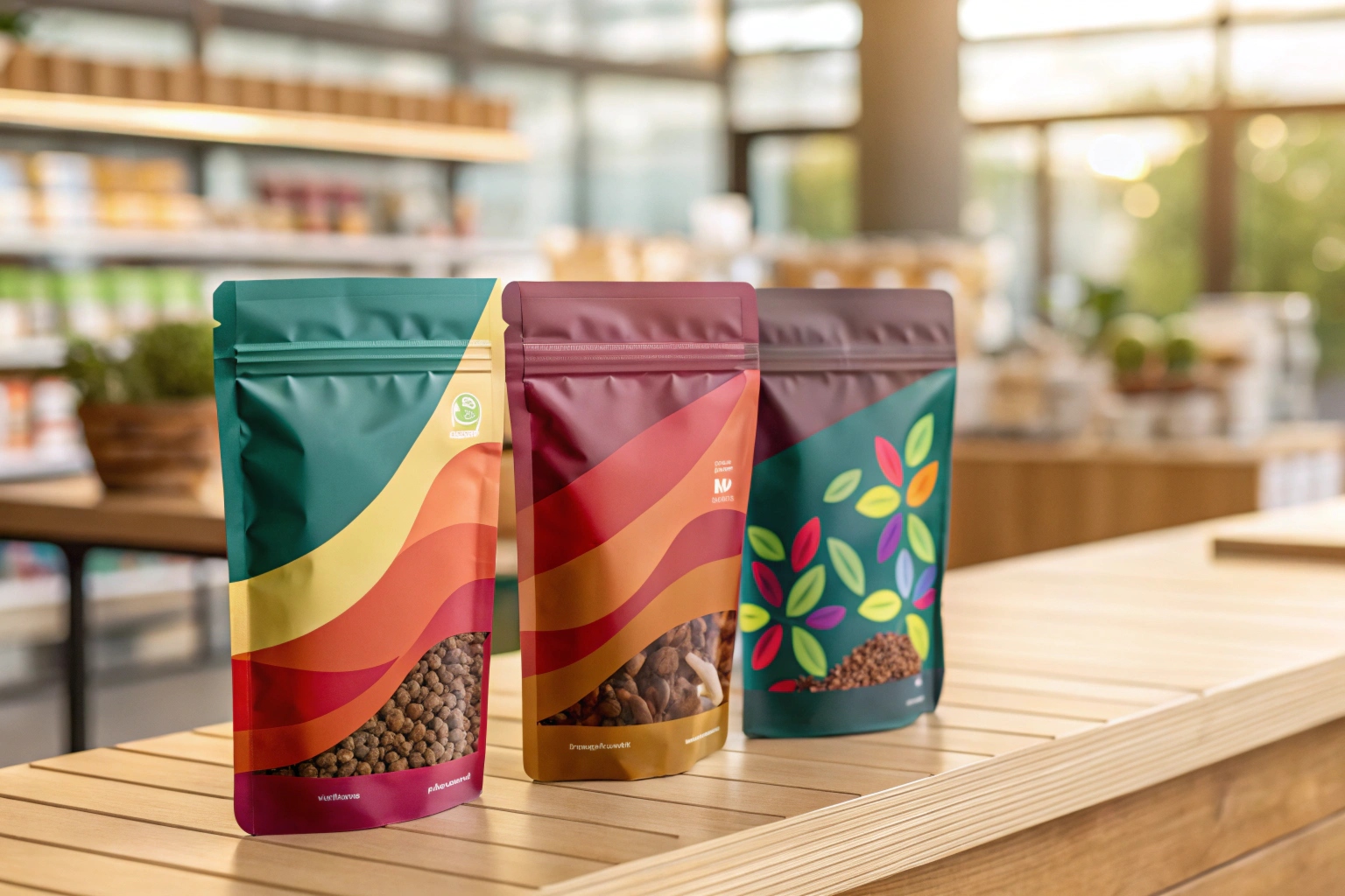 Three colorful stand-up pouches with window, displayed on wooden counter in modern store.