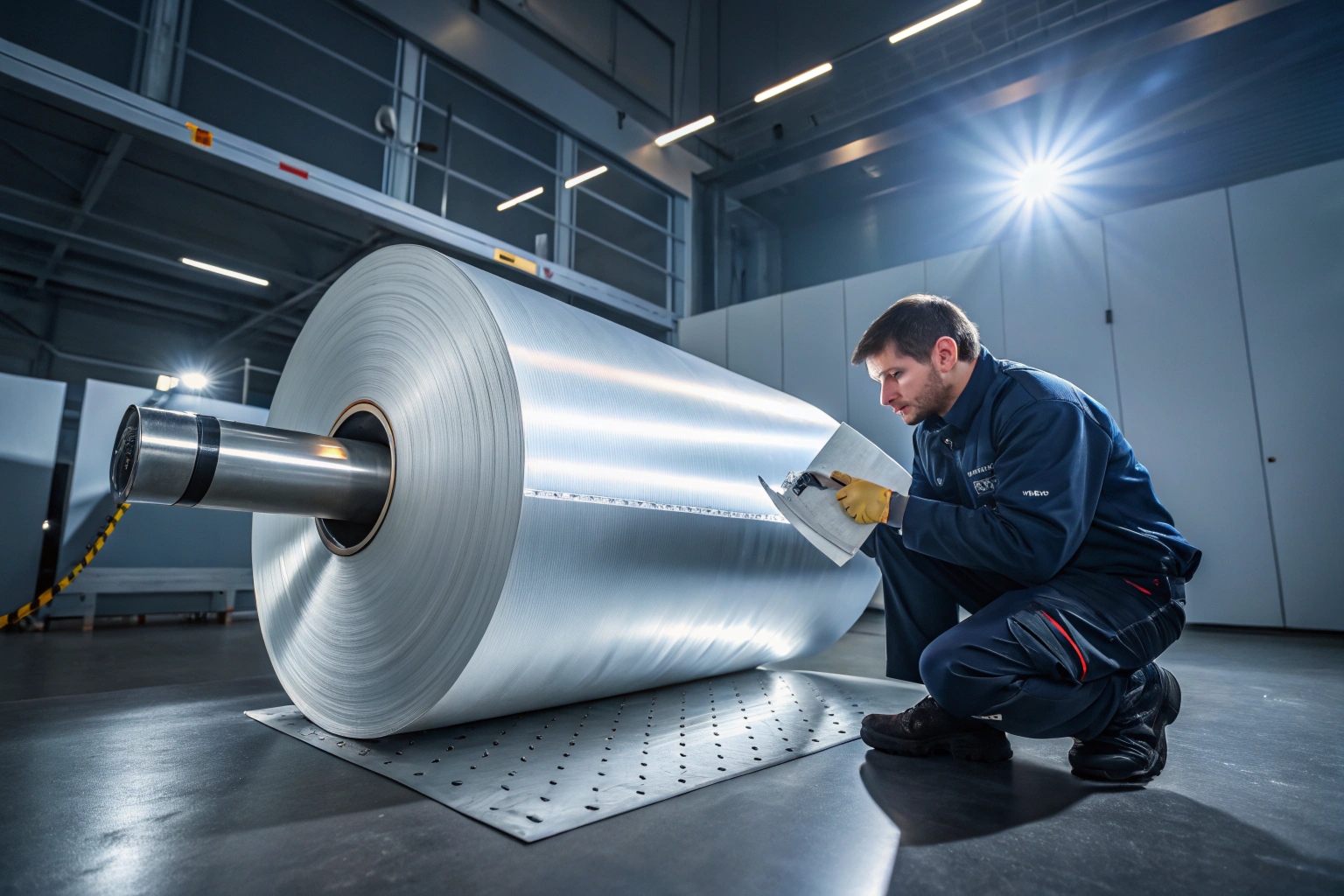 Technician inspecting large roll of laminated packaging film in industrial facility.