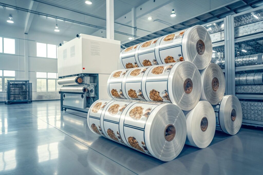 Laminated food packaging rolls with printed cookie designs stacked in a clean, modern factory.